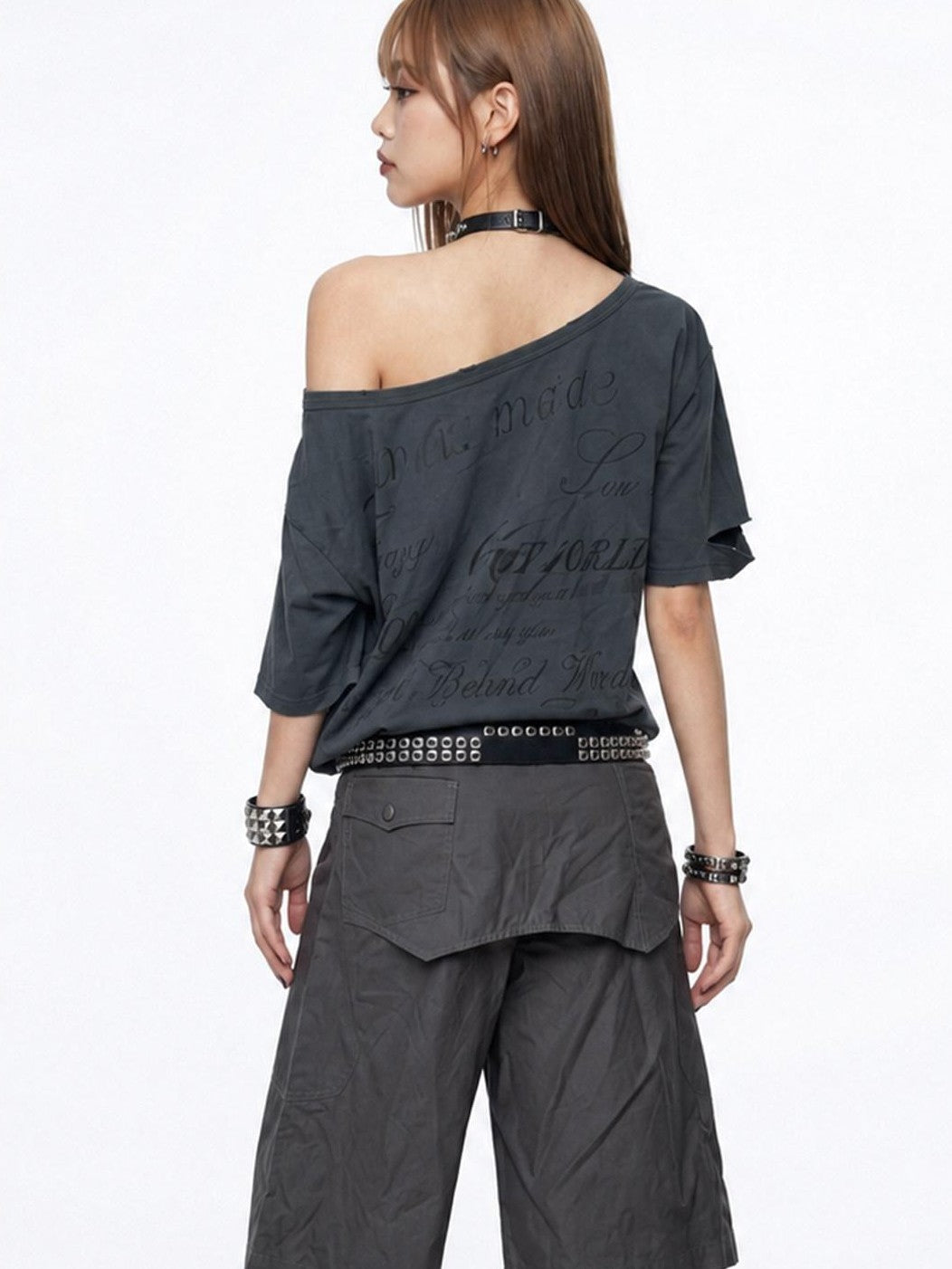3MODE Distressed Dark Gray Asymmetrical Letter Print Women&