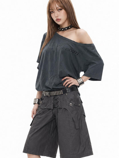 3MODE Distressed Dark Gray Asymmetrical Letter Print Women&