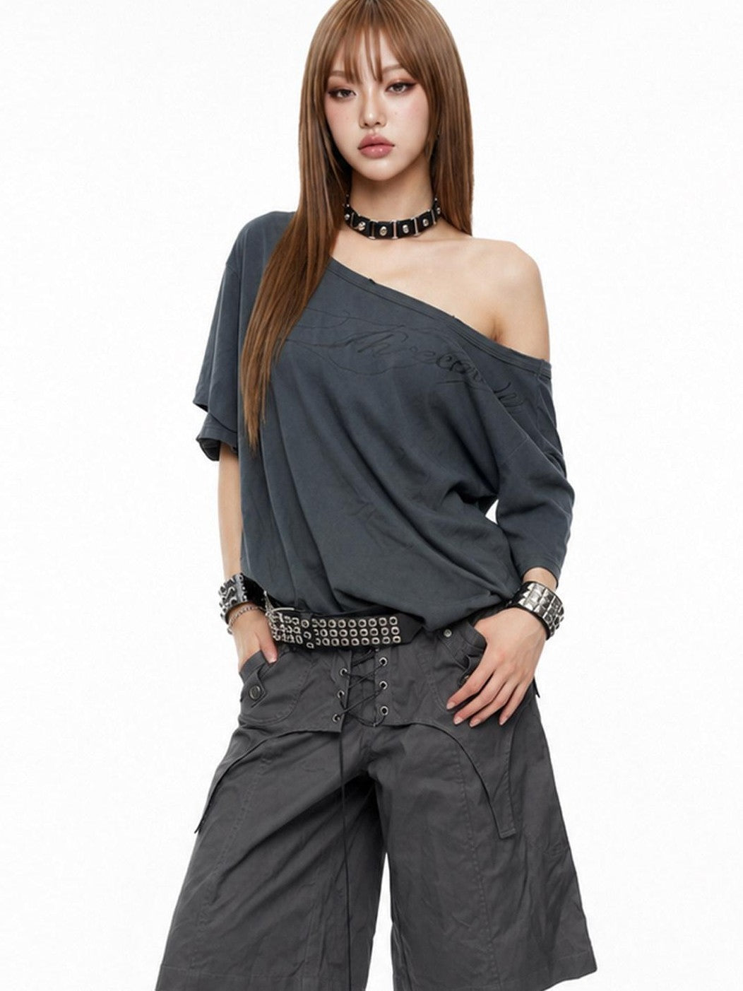 3MODE Distressed Dark Gray Asymmetrical Letter Print Women&