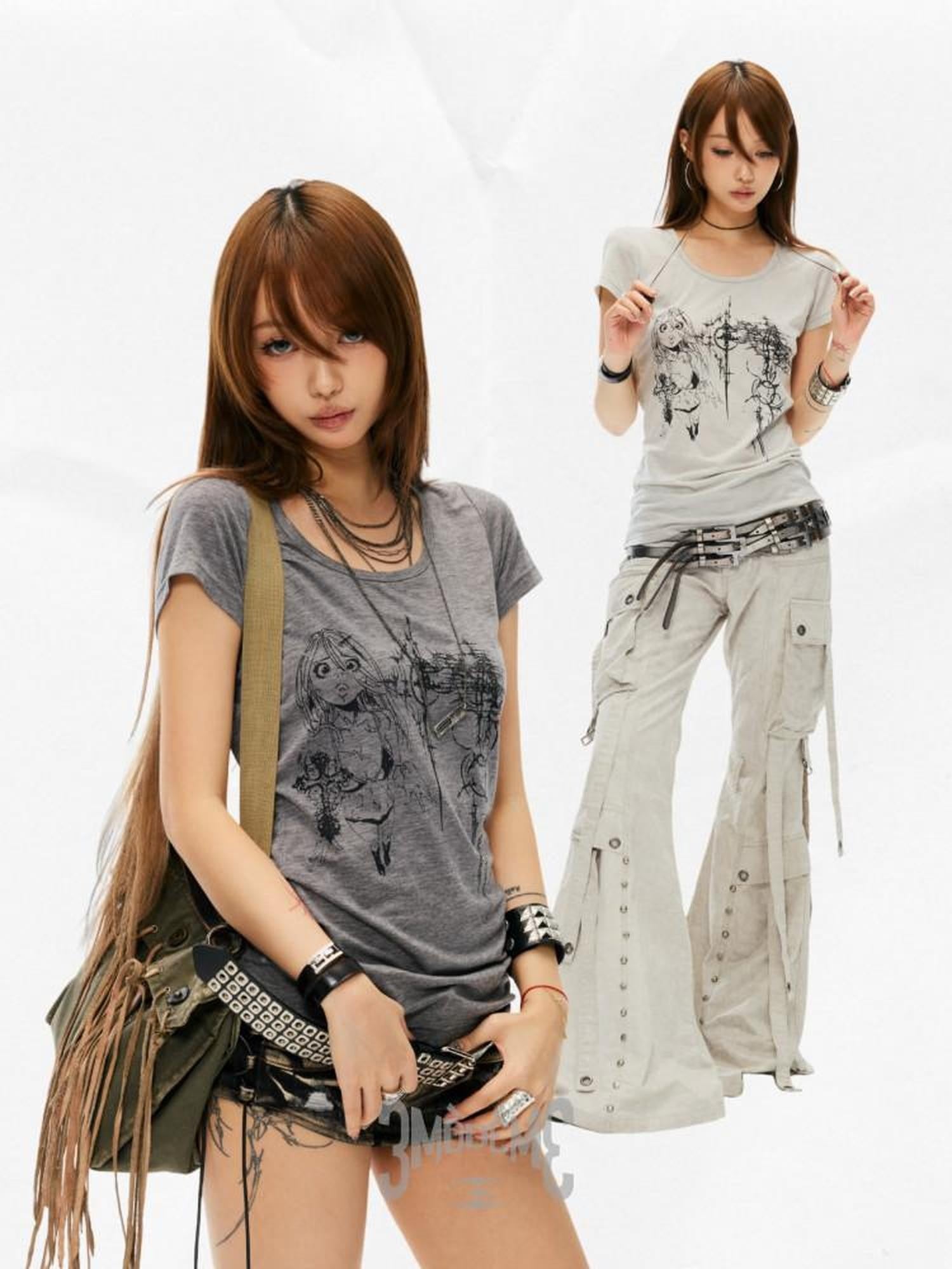 3MODE Distressed Letter Cartoon Print Women&