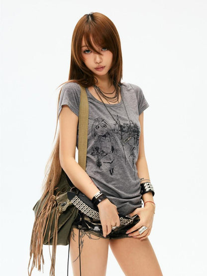 3MODE Distressed Letter Cartoon Print Women&