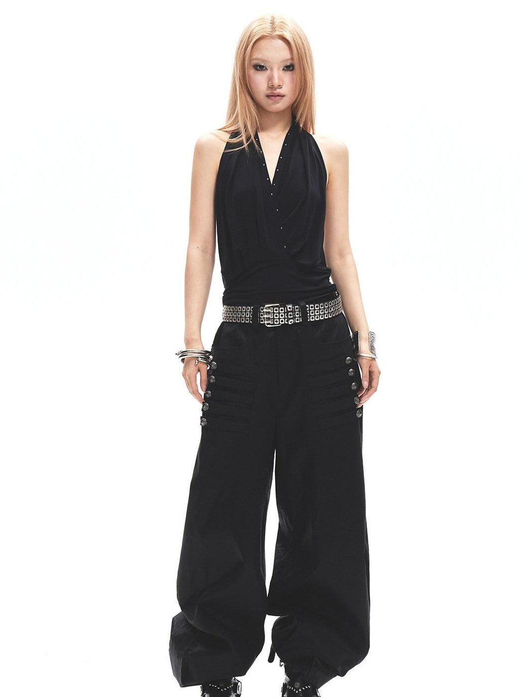 3MODE Distressed Studded V-neck Backless Pinched Pleat Women&