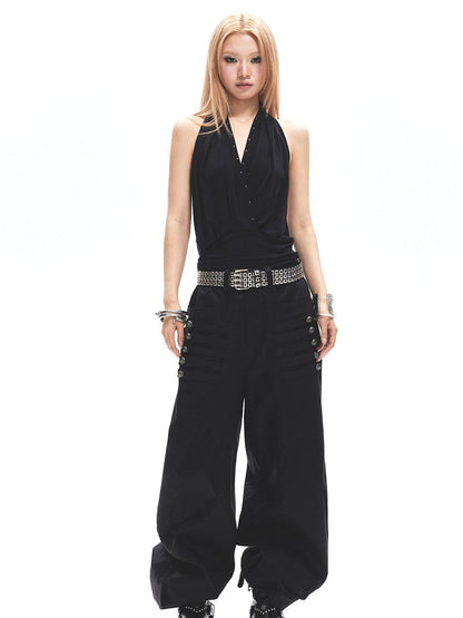 3MODE Distressed Studded V-neck Backless Pinched Pleat Women&