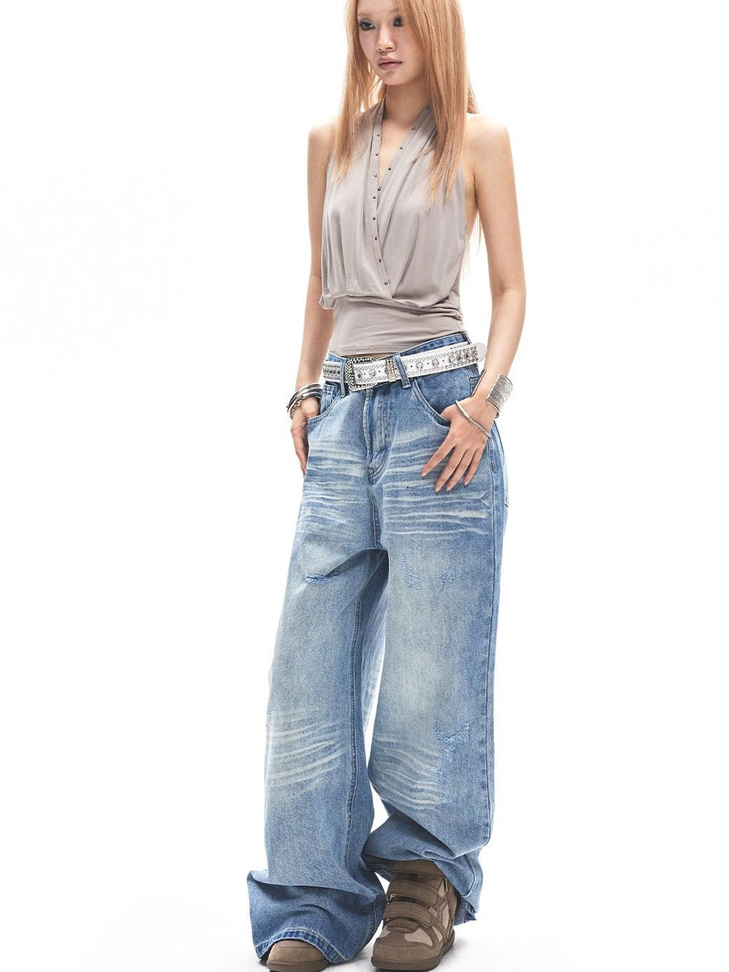 3MODE Distressed Studded V-neck Backless Pinched Pleat Women&