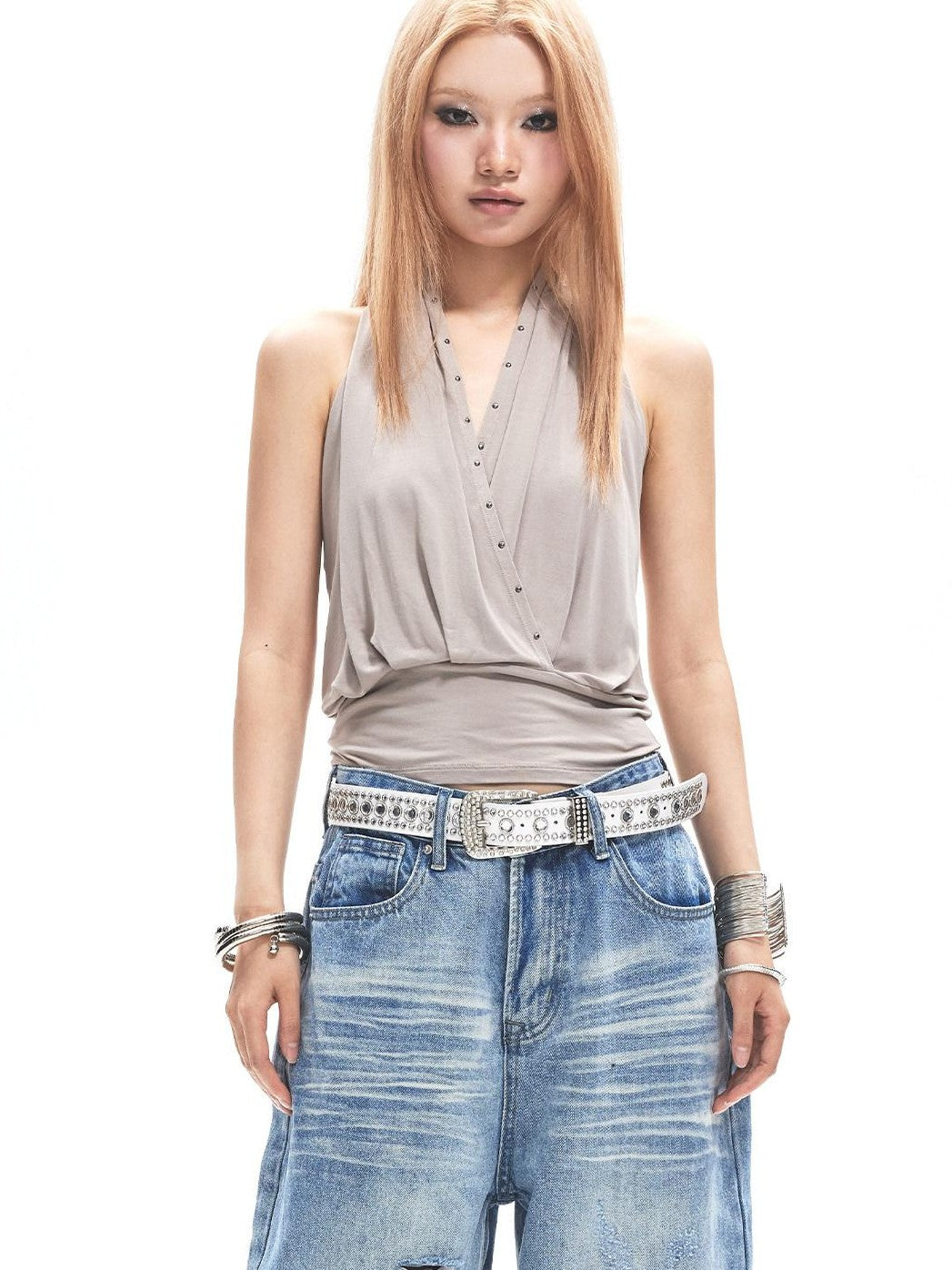 3MODE Distressed Studded V-neck Backless Pinched Pleat Women&