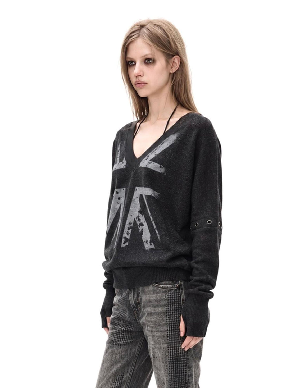 3MODE Distressed Studded V-neck Punk Loose Women&