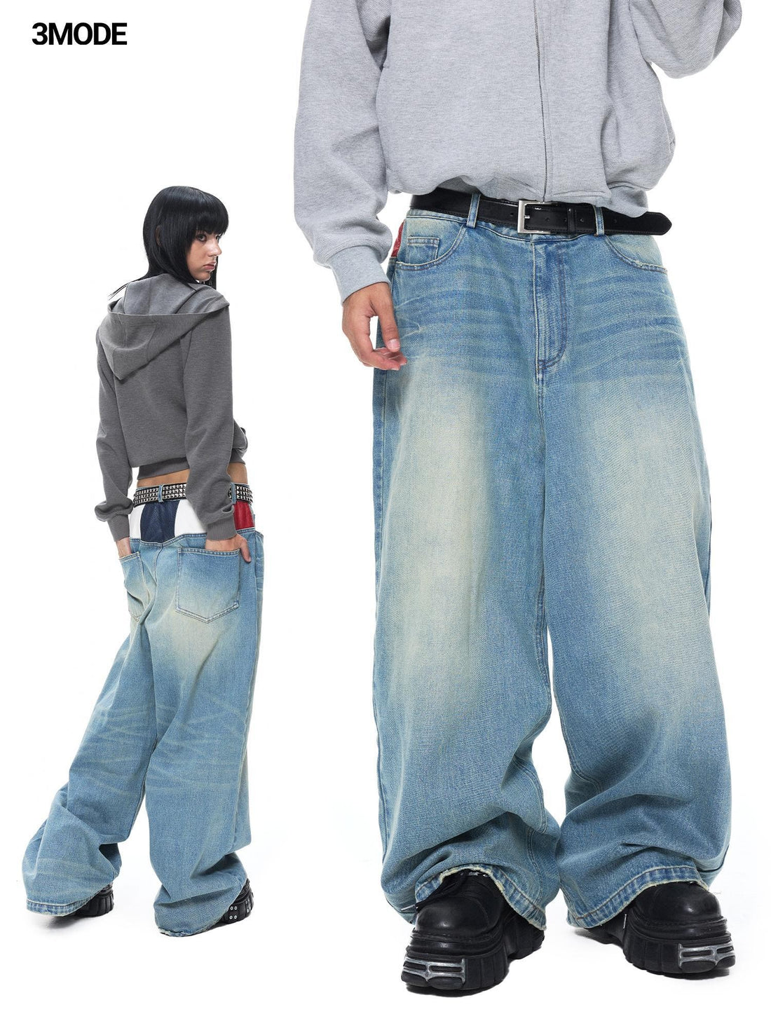 3MODE Distressed Three Color Patchwork Zip Streetwear Women&