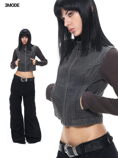 3MODE Distressed Washed Punk Metal Zipper Stand Collar Cotton Women&