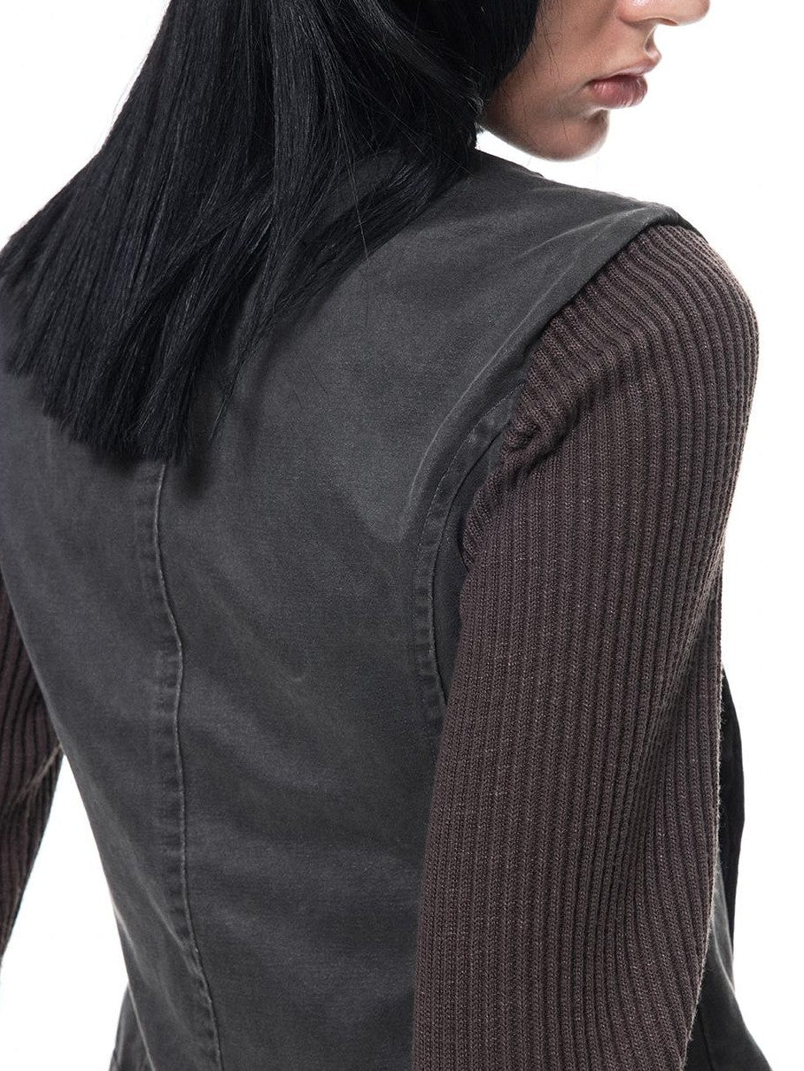 3MODE Distressed Washed Punk Metal Zipper Stand Collar Cotton Women&