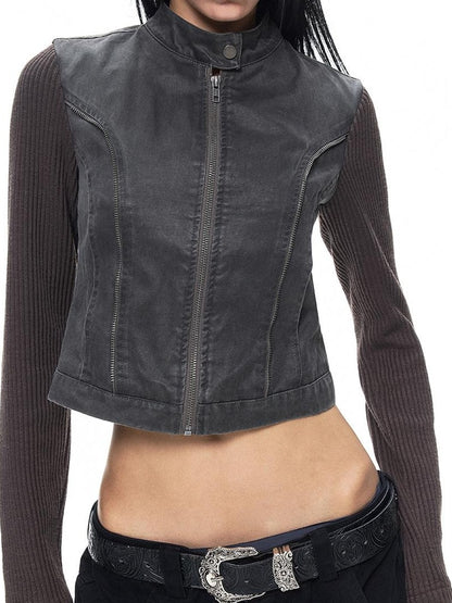 3MODE Distressed Washed Punk Metal Zipper Stand Collar Cotton Women&