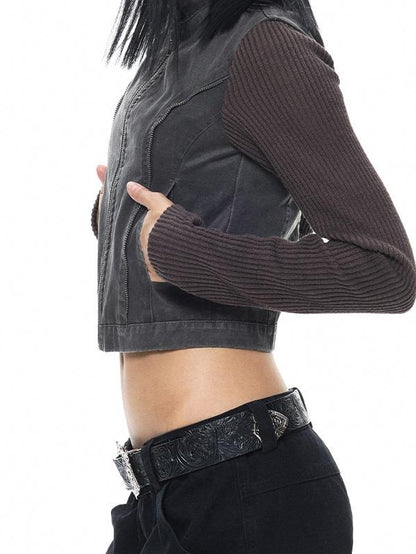 3MODE Distressed Washed Punk Metal Zipper Stand Collar Cotton Women&