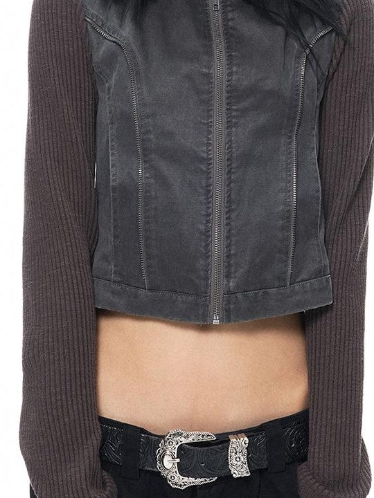 3MODE Distressed Washed Punk Metal Zipper Stand Collar Cotton Women&