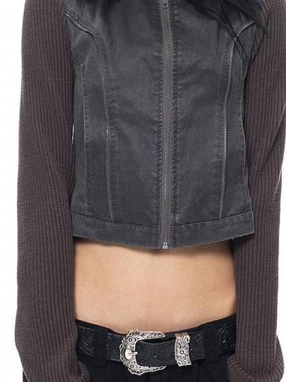 3MODE Distressed Washed Punk Metal Zipper Stand Collar Cotton Women&