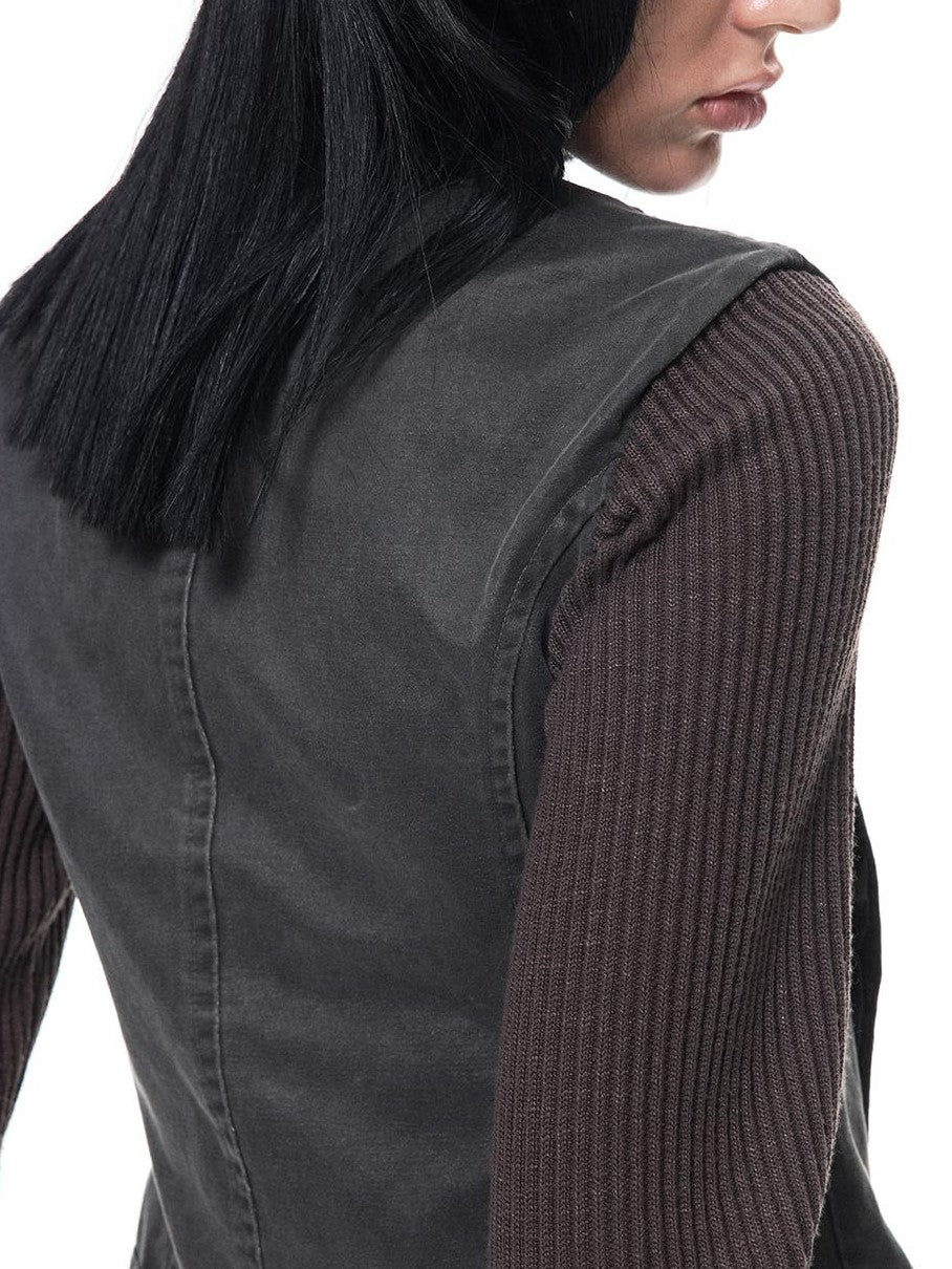 3MODE Distressed Washed Punk Metal Zipper Stand Collar Cotton Women&