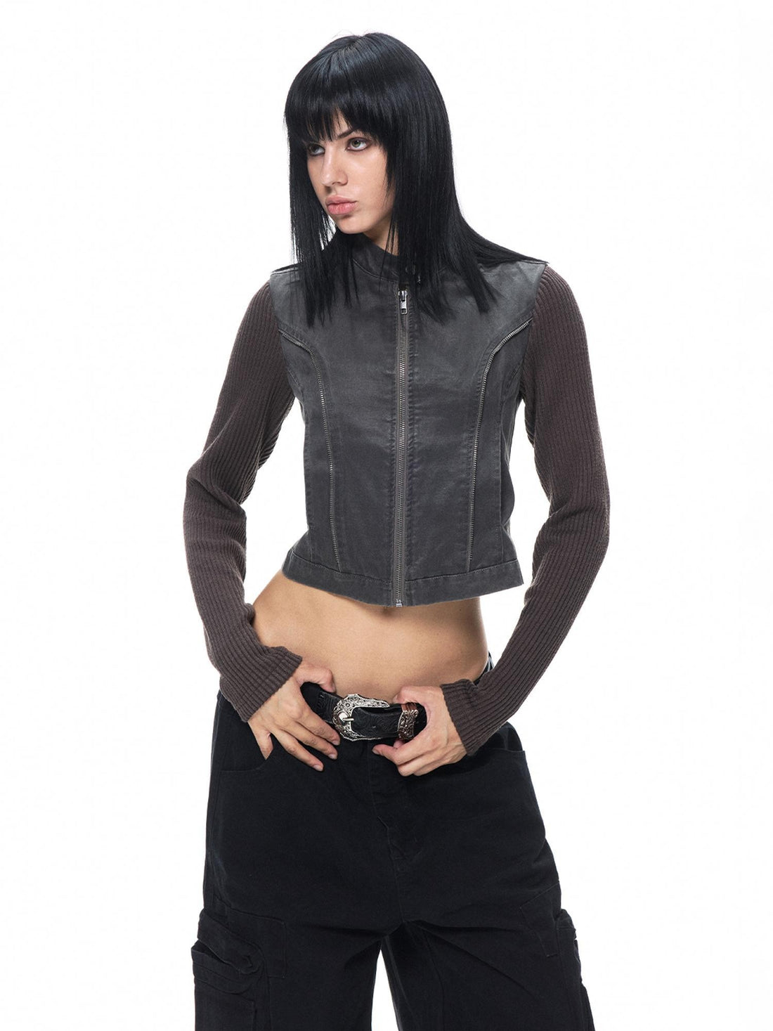 3MODE Distressed Washed Punk Metal Zipper Stand Collar Cotton Women&