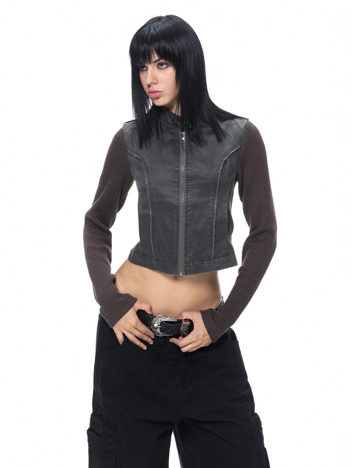 3MODE Distressed Washed Punk Metal Zipper Stand Collar Cotton Women&