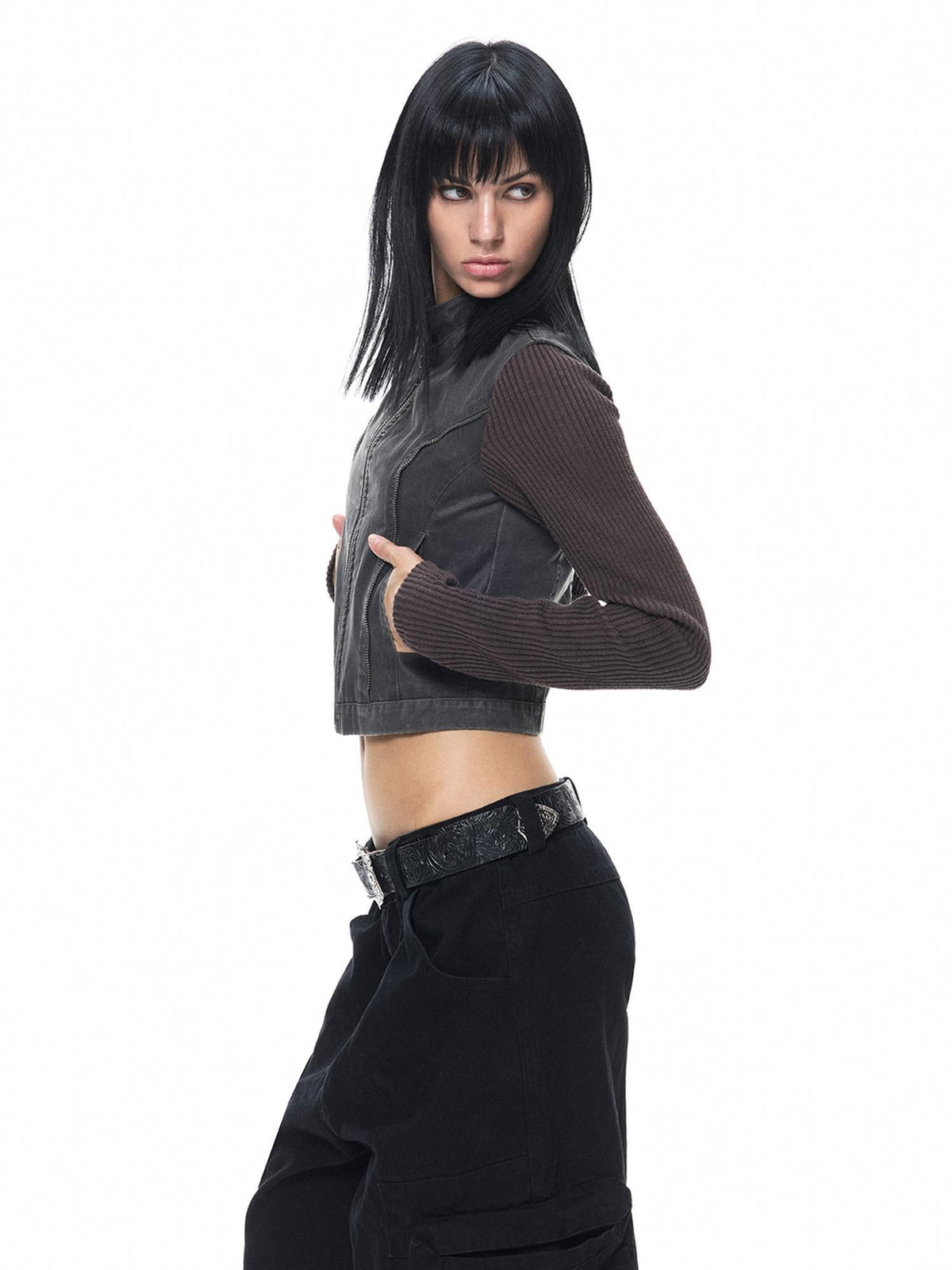 3MODE Distressed Washed Punk Metal Zipper Stand Collar Cotton Women&