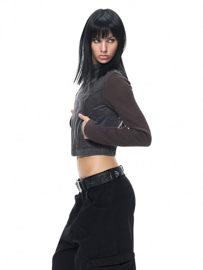 3MODE Distressed Washed Punk Metal Zipper Stand Collar Cotton Women&
