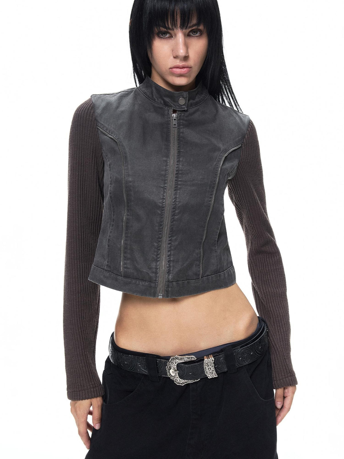 3MODE Distressed Washed Punk Metal Zipper Stand Collar Cotton Women&