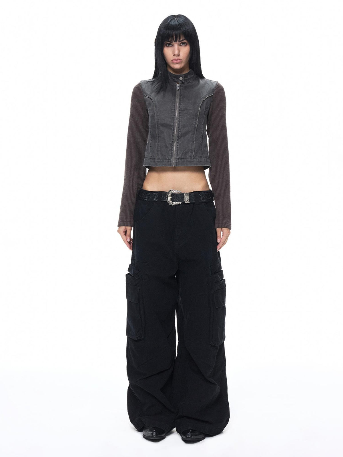 3MODE Distressed Washed Punk Metal Zipper Stand Collar Cotton Women&