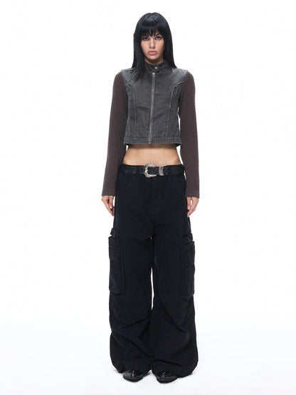 3MODE Distressed Washed Punk Metal Zipper Stand Collar Cotton Women&