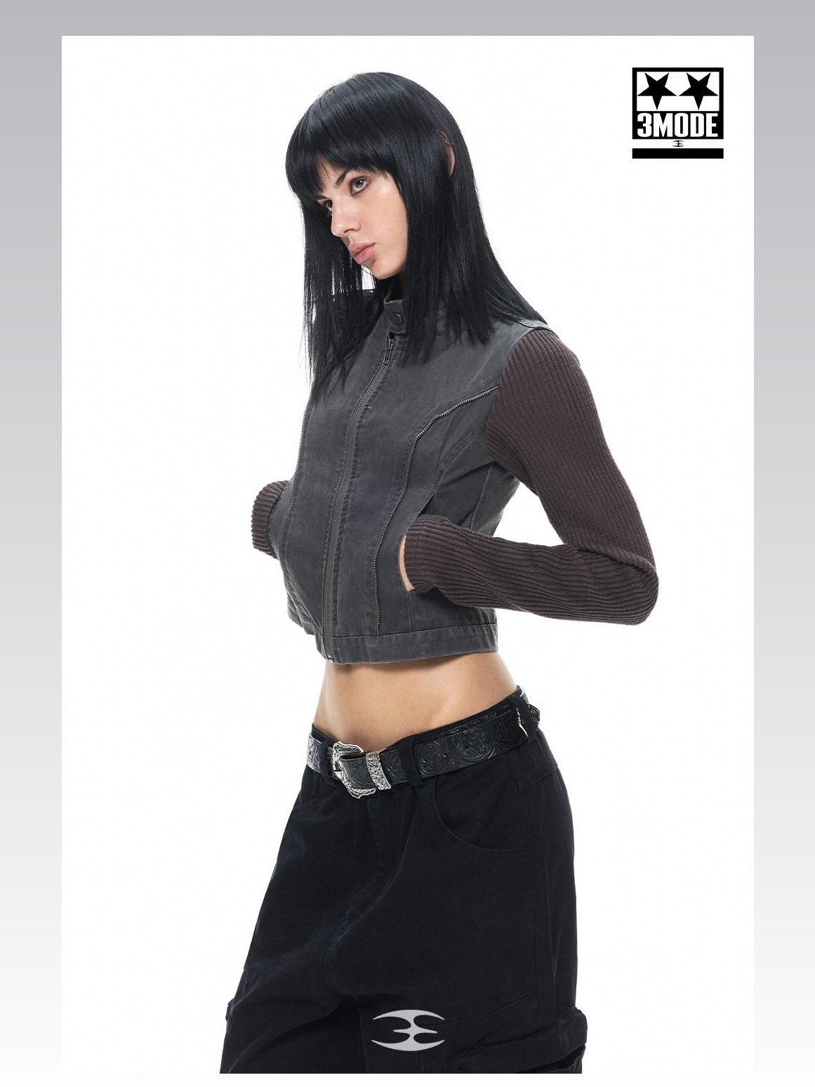 3MODE Distressed Washed Punk Metal Zipper Stand Collar Cotton Women&