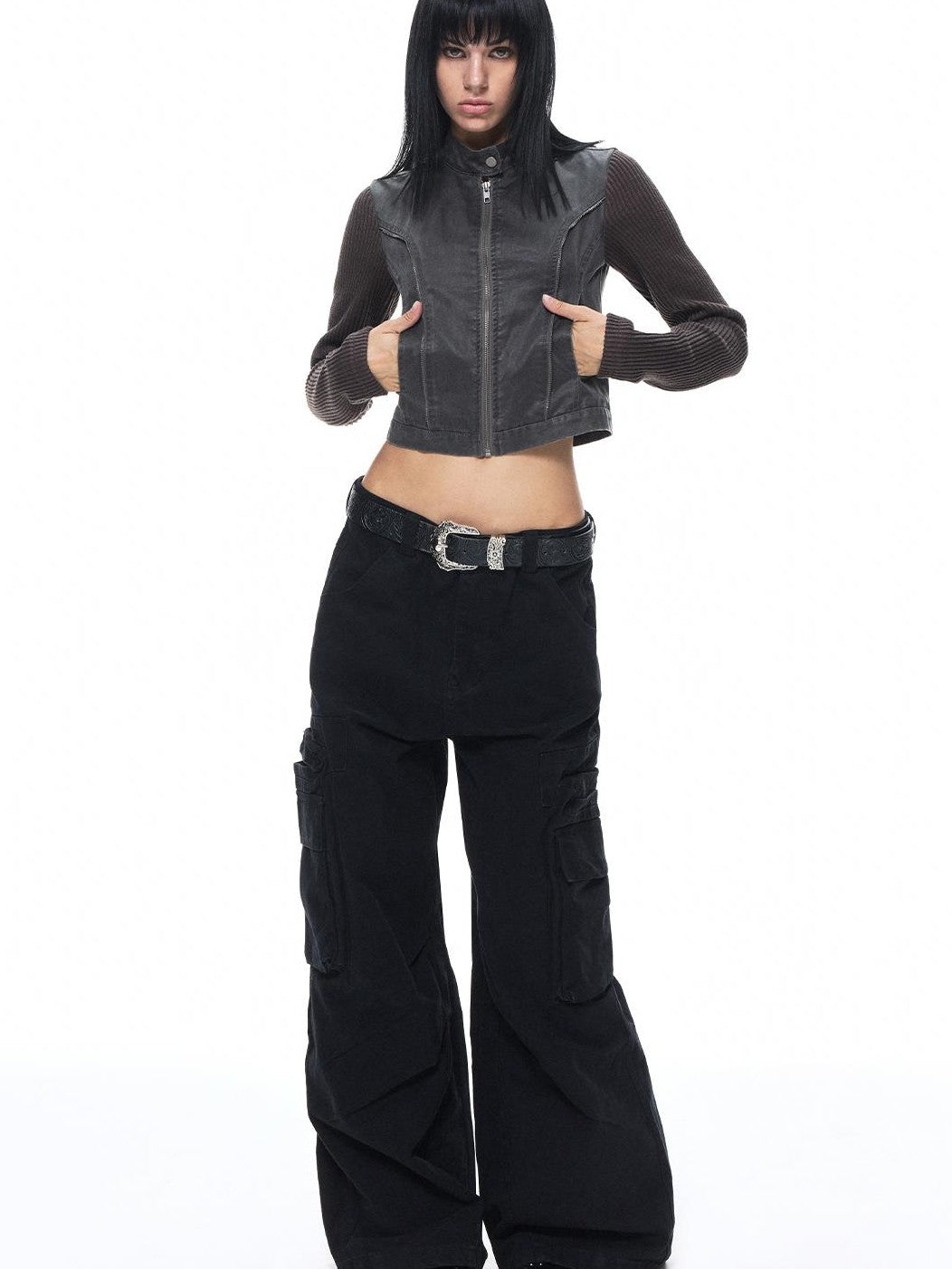 3MODE Distressed Washed Punk Metal Zipper Stand Collar Cotton Women&