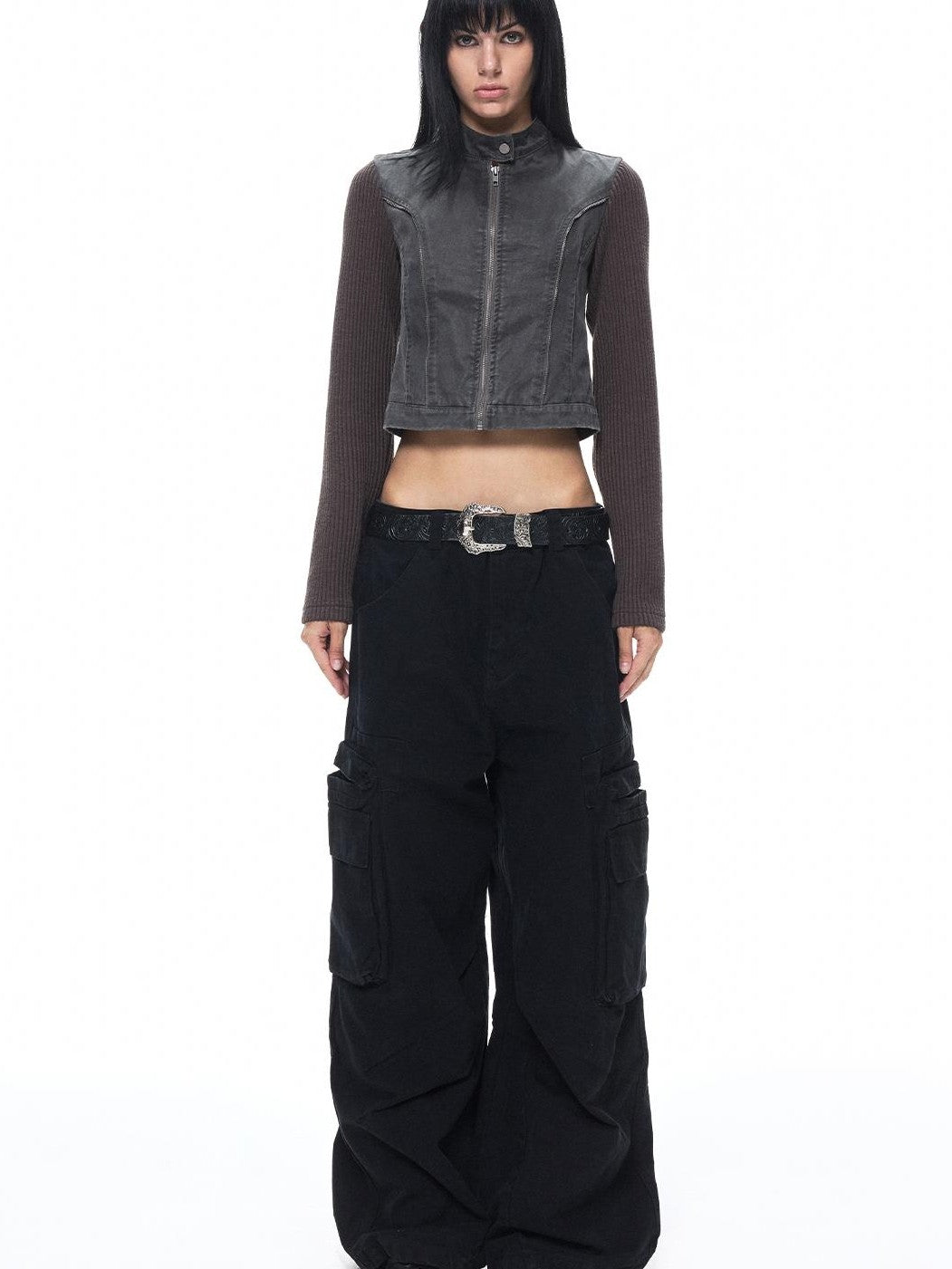 3MODE Distressed Washed Punk Metal Zipper Stand Collar Cotton Women&