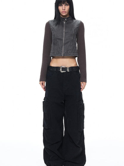3MODE Distressed Washed Punk Metal Zipper Stand Collar Cotton Women&
