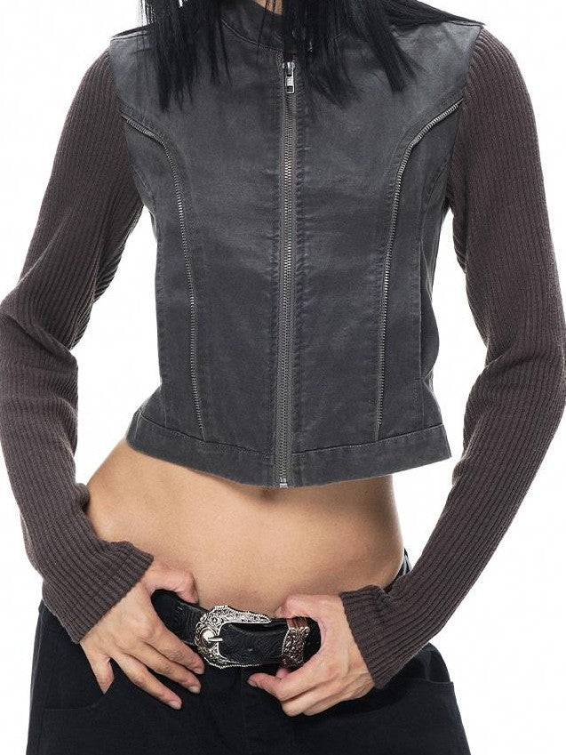 3MODE Distressed Washed Punk Metal Zipper Stand Collar Cotton Women&