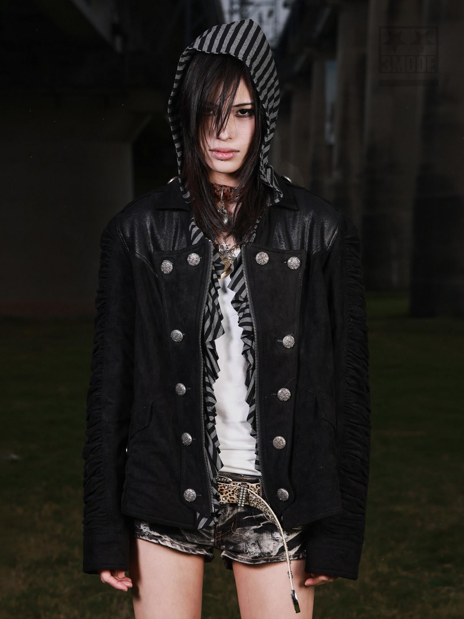 3MODE Double Breasted Detachable Fur Collar Hooded Women&