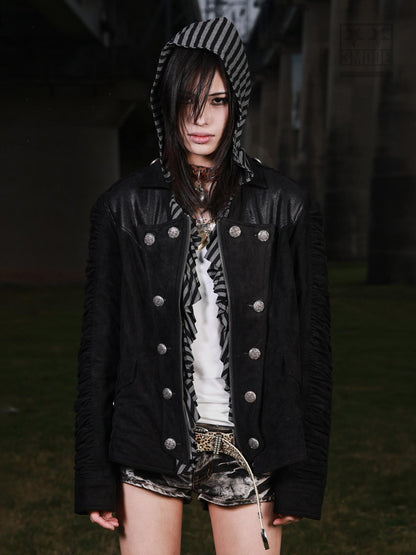 3MODE Double Breasted Detachable Fur Collar Hooded Women&