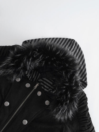 3MODE Double Breasted Detachable Fur Collar Hooded Women&