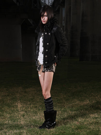 3MODE Double Breasted Detachable Fur Collar Hooded Women&