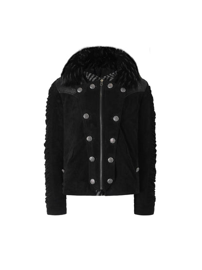 3MODE Double Breasted Detachable Fur Collar Hooded Women&