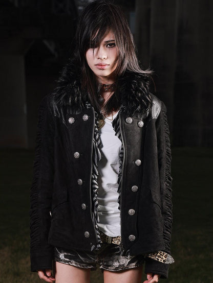 3MODE Double Breasted Detachable Fur Collar Hooded Women&