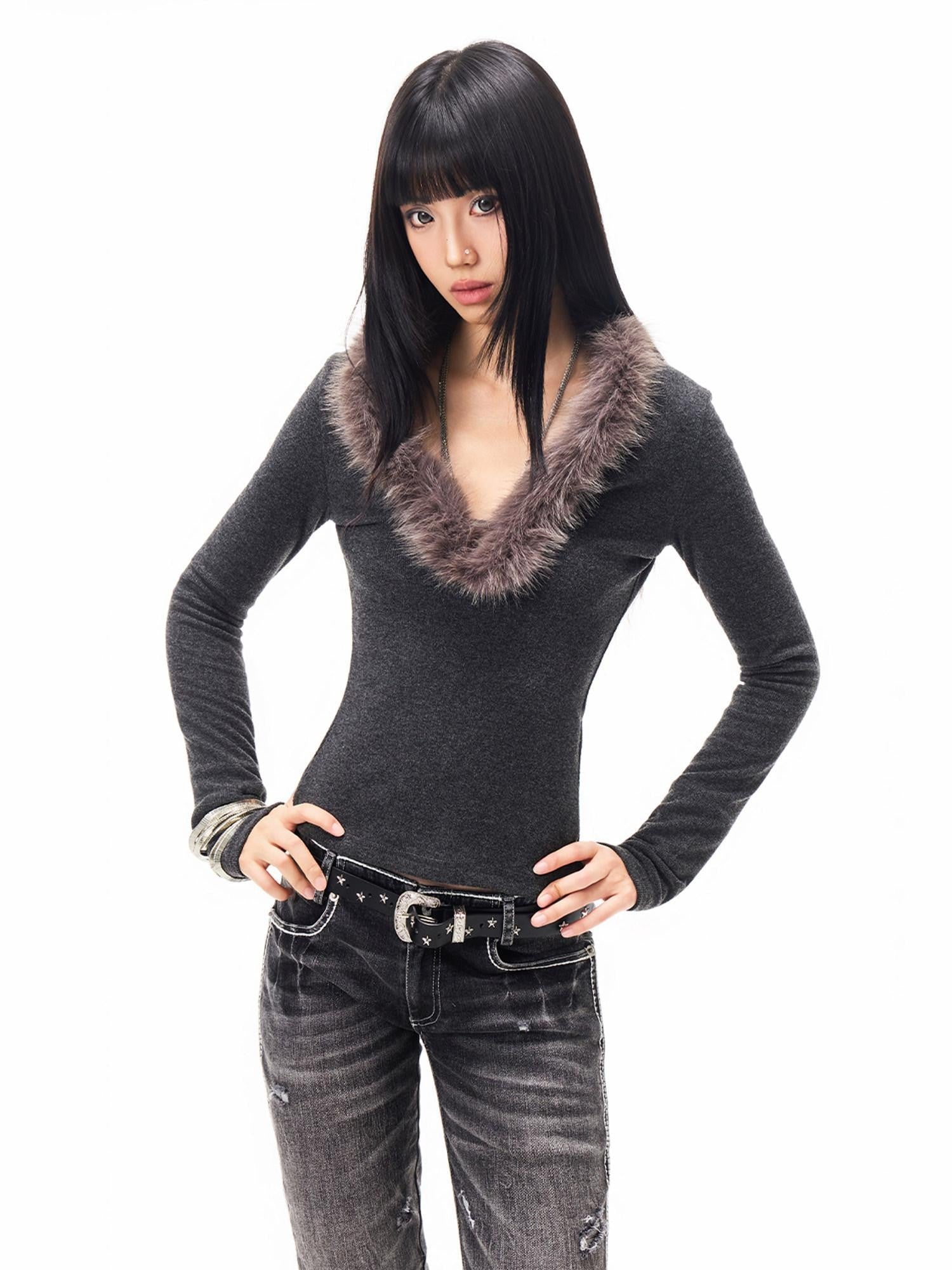 3MODE Faux Fur Collar V-neck Cropped Slim Fit Women&