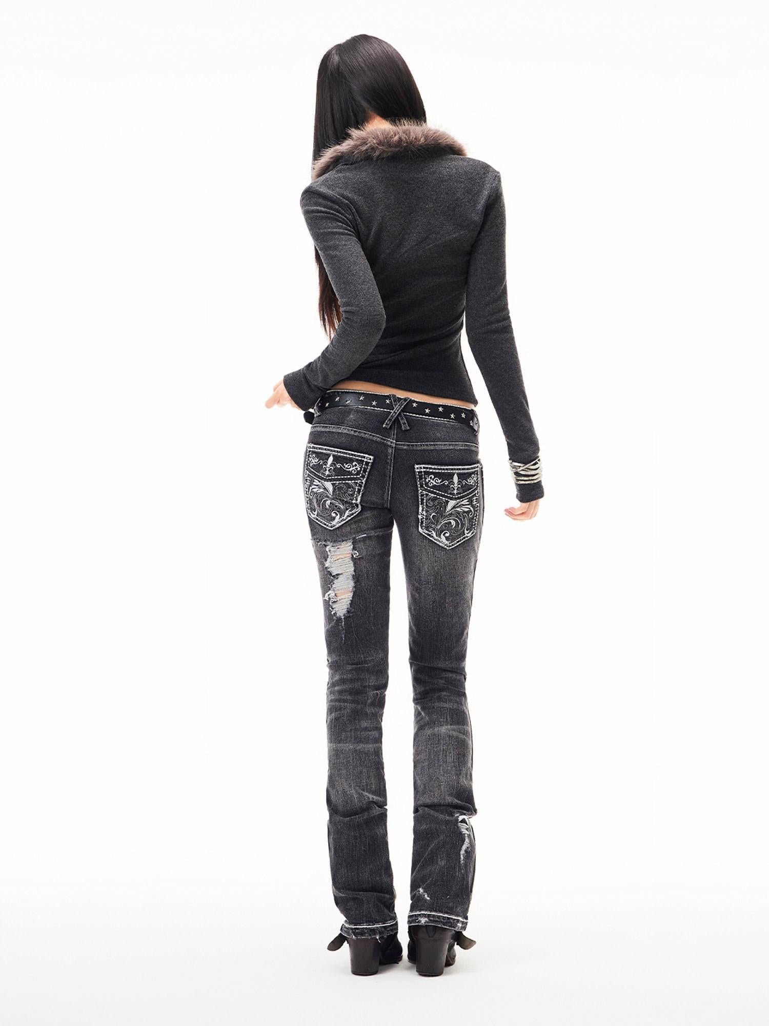 3MODE Faux Fur Collar V-neck Cropped Slim Fit Women&