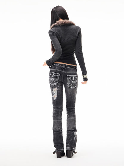 3MODE Faux Fur Collar V-neck Cropped Slim Fit Women&