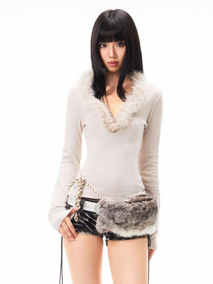 3MODE Faux Fur Collar V-neck Cropped Slim Fit Women&