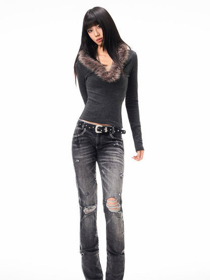 3MODE Faux Fur Collar V-neck Cropped Slim Fit Women&