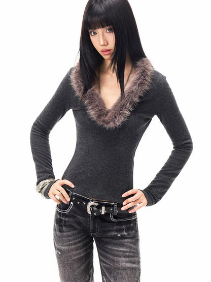 3MODE Faux Fur Collar V-neck Cropped Slim Fit Women&