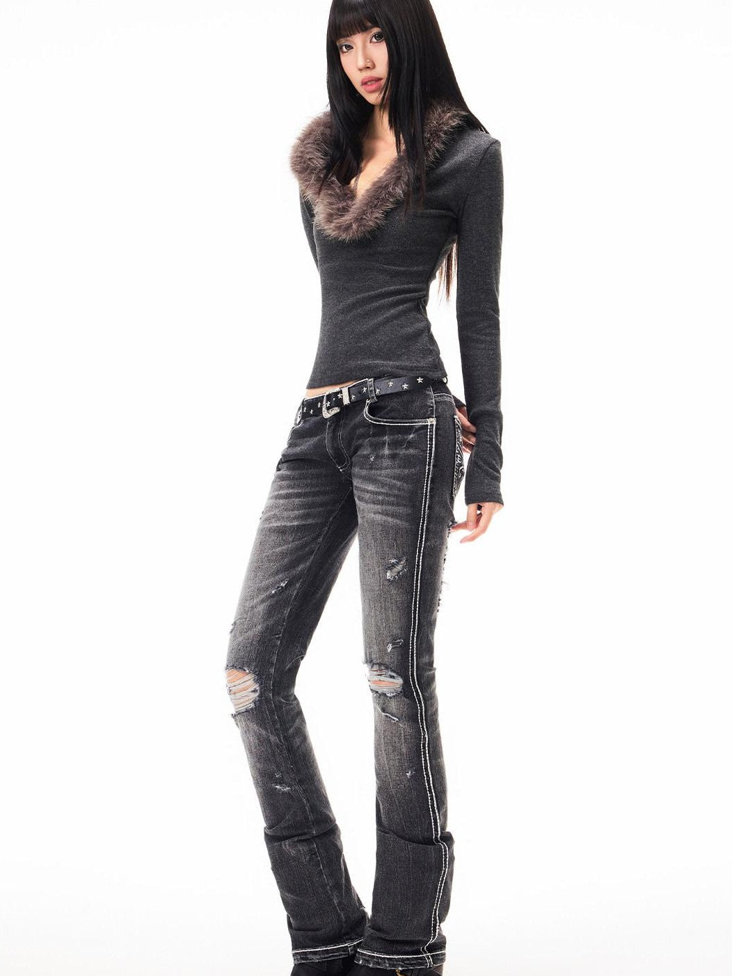 3MODE Faux Fur Collar V-neck Cropped Slim Fit Women&