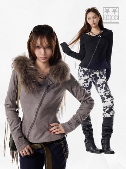 3MODE Fur Collar Hooded Fleece Lined Suede Plush Women&
