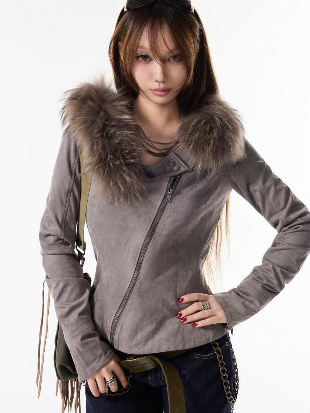 3MODE Fur Collar Hooded Fleece Lined Suede Plush Women&