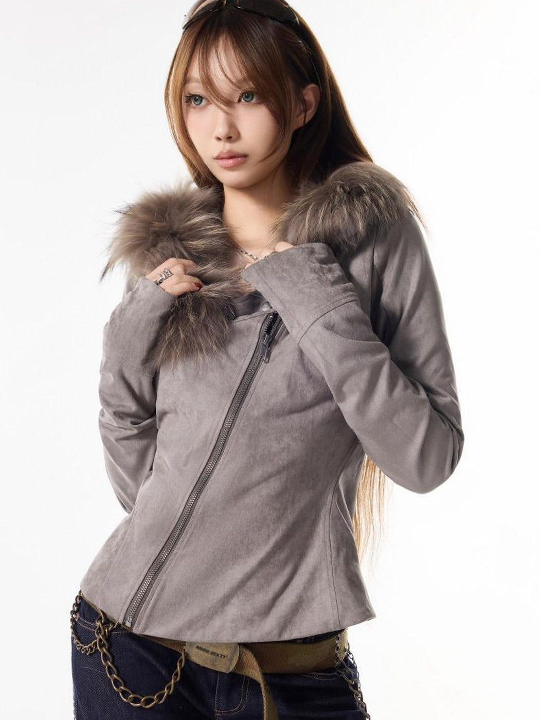 3MODE Fur Collar Hooded Fleece Lined Suede Plush Women&