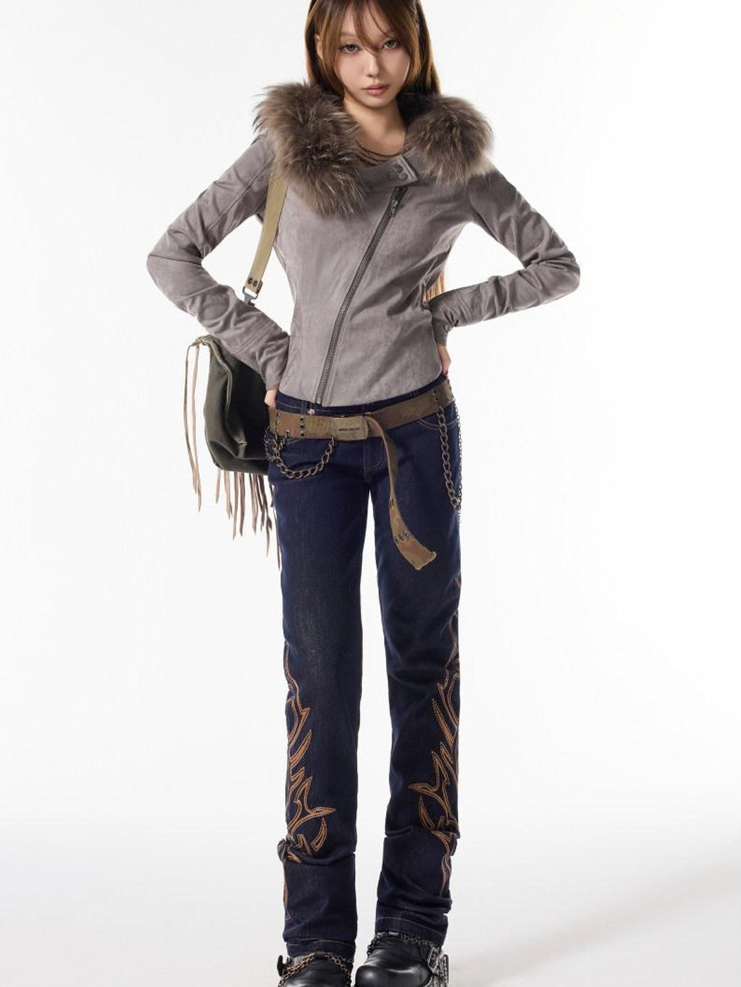 3MODE Fur Collar Hooded Fleece Lined Suede Plush Women&