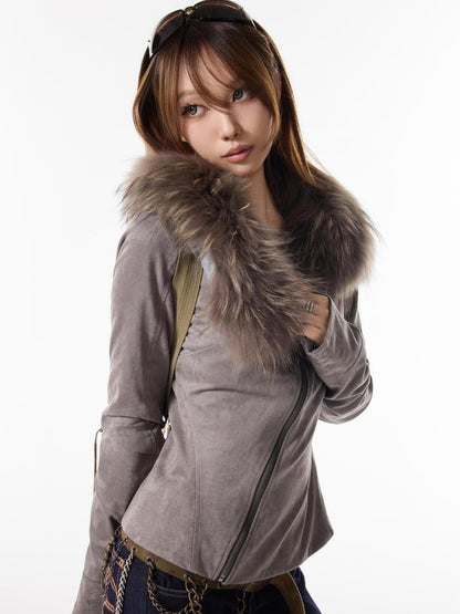 3MODE Fur Collar Hooded Fleece Lined Suede Plush Women&