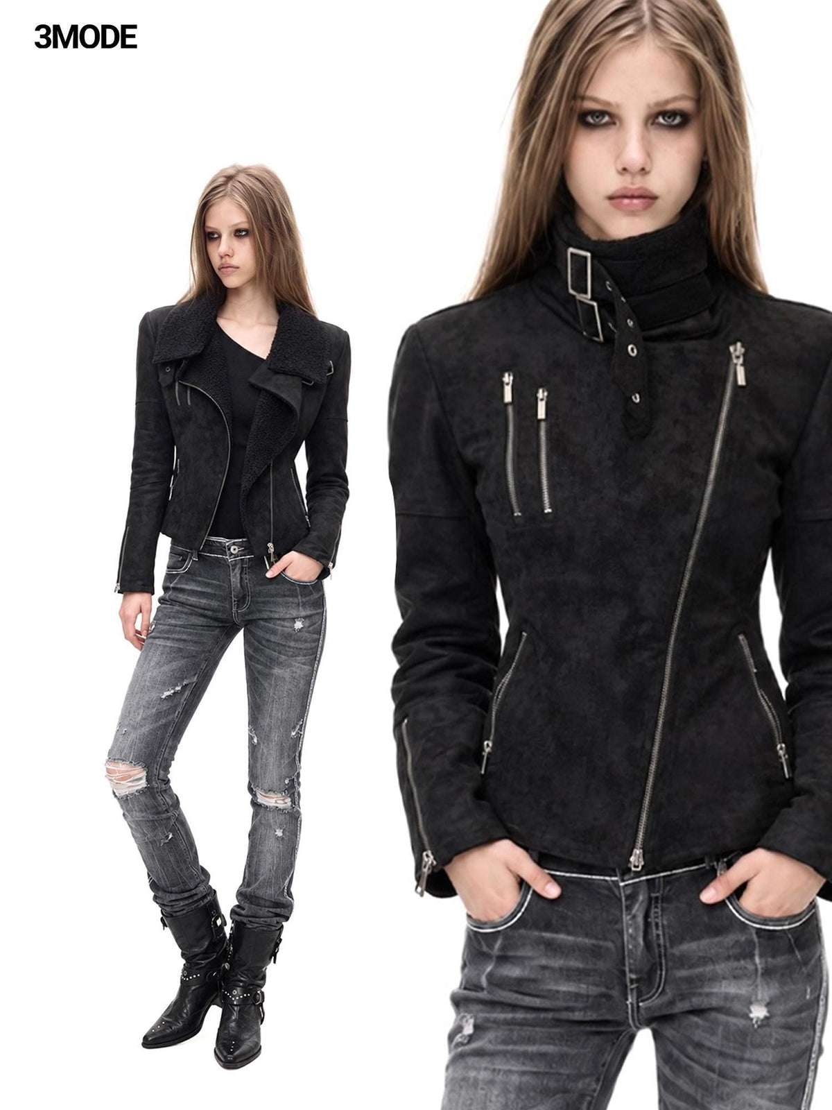 3MODE Gothic Faux Suede Diagonal Zip Fitted Women&