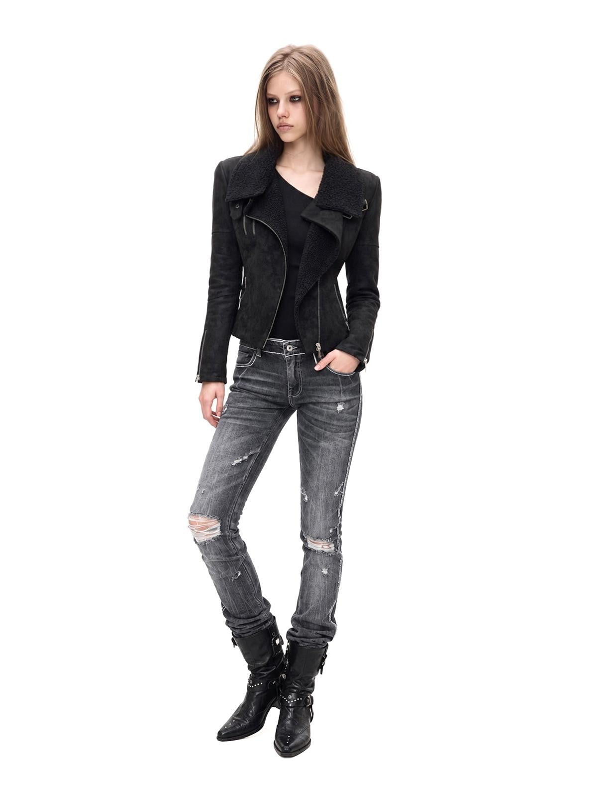 3MODE Gothic Faux Suede Diagonal Zip Fitted Women&